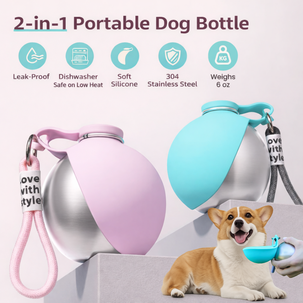 Portable Dog Water Bottle – 2-in-1 Stainless Steel Pet Travel Bottle with Silicone Bowl (Leak-Proof)
